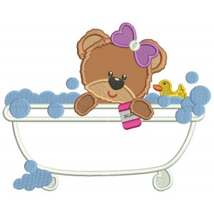 Cute Little Baby Girl Bear In a Bathtub Applique Machine Embroidery Design Digitized Pattern